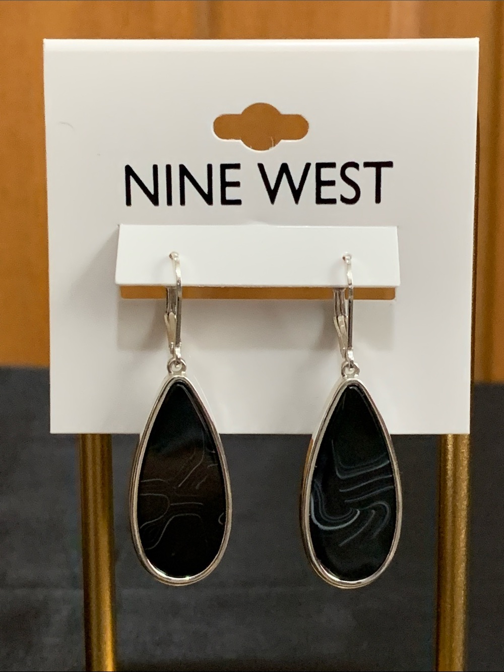 NWT Nine West silver tone black stone earrings
